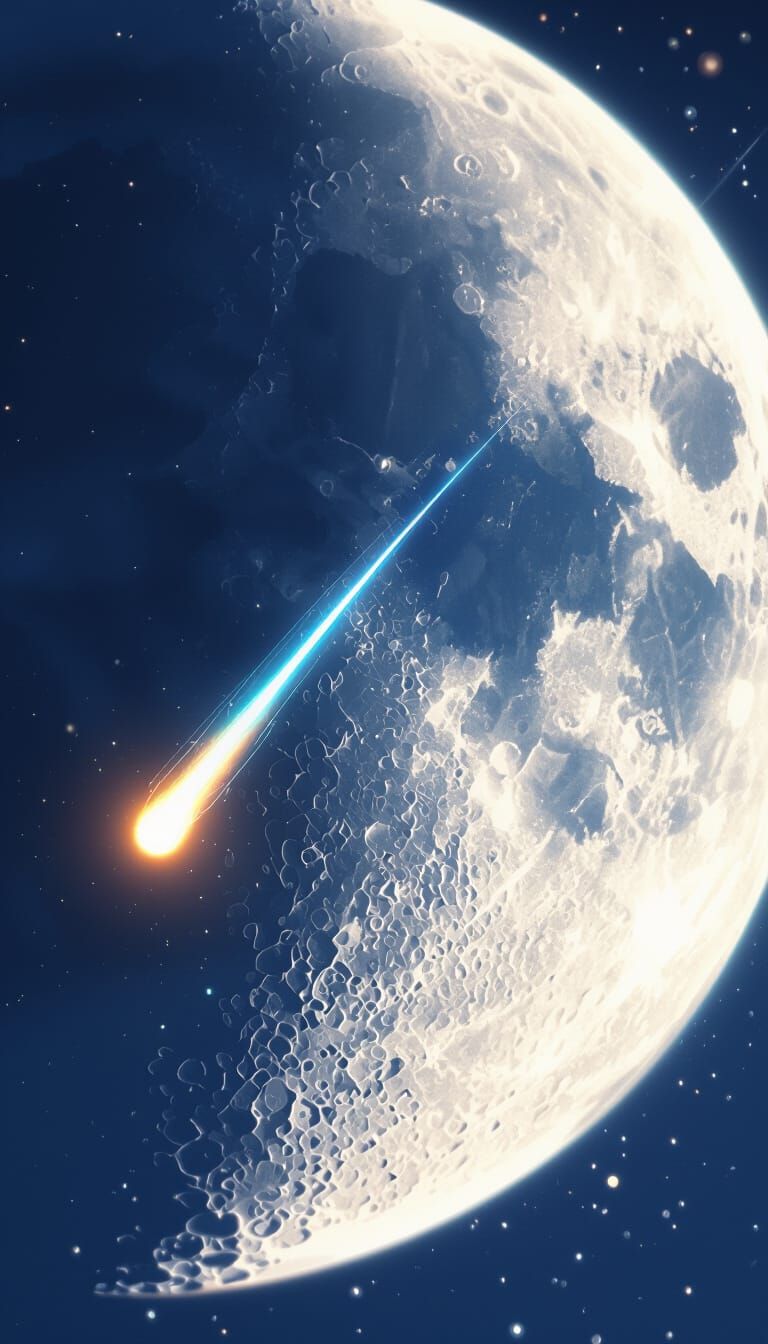 Meteor Streaks Past Moon in Luminous Trail Anime Art