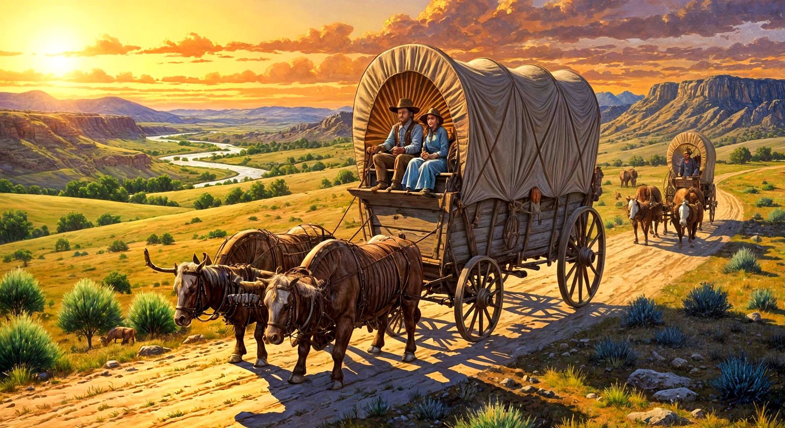 An old western conestoga wagon on the Oregon trail.