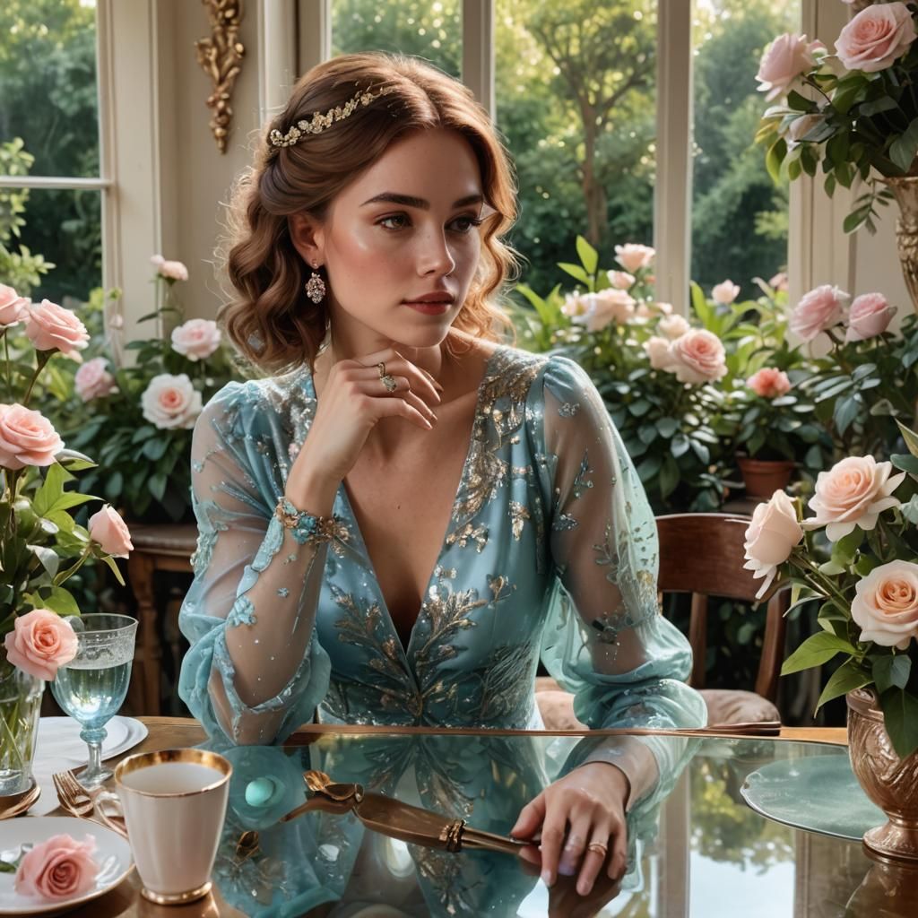 Young Woman with Aquamarine Ring in Garden