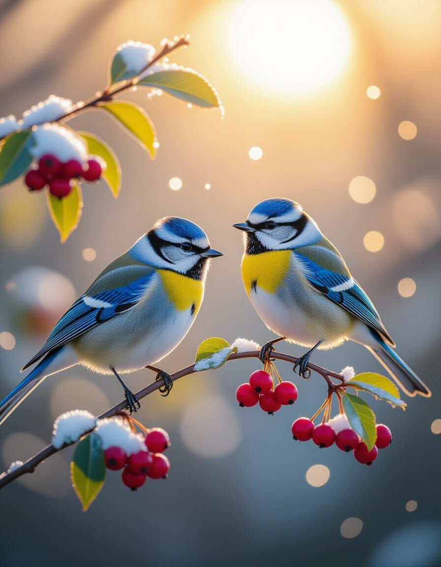 Neon Birds on Snowy Rowan Branches in Sunlight