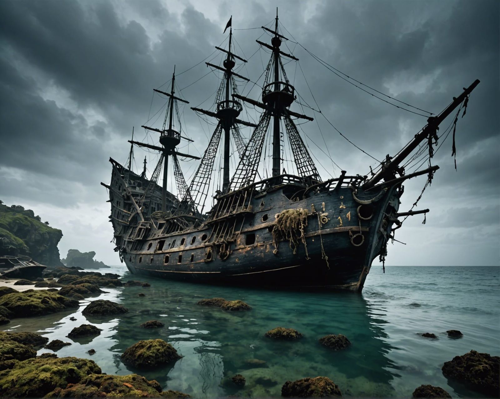 Underwater Shipwreck of the Black Pearl in Eerie Light