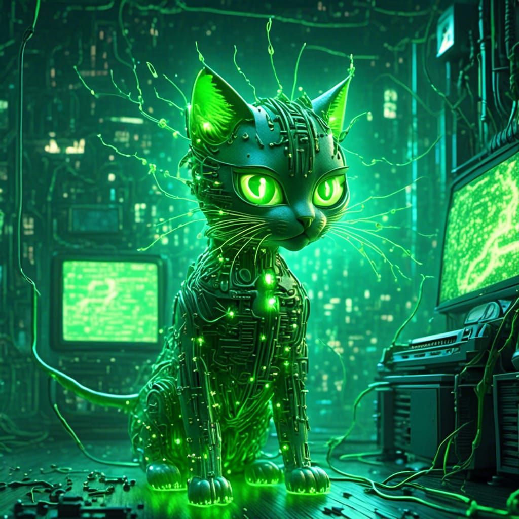 Futuristic Android Frankenstein Kitten in ASCII Green Tone