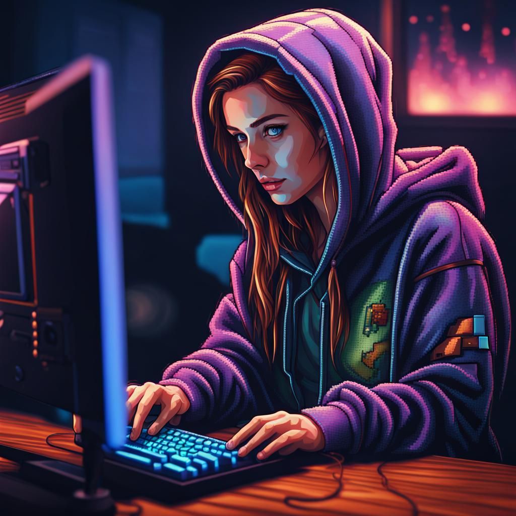 Pixel Art Gamer Girl Playing Computer