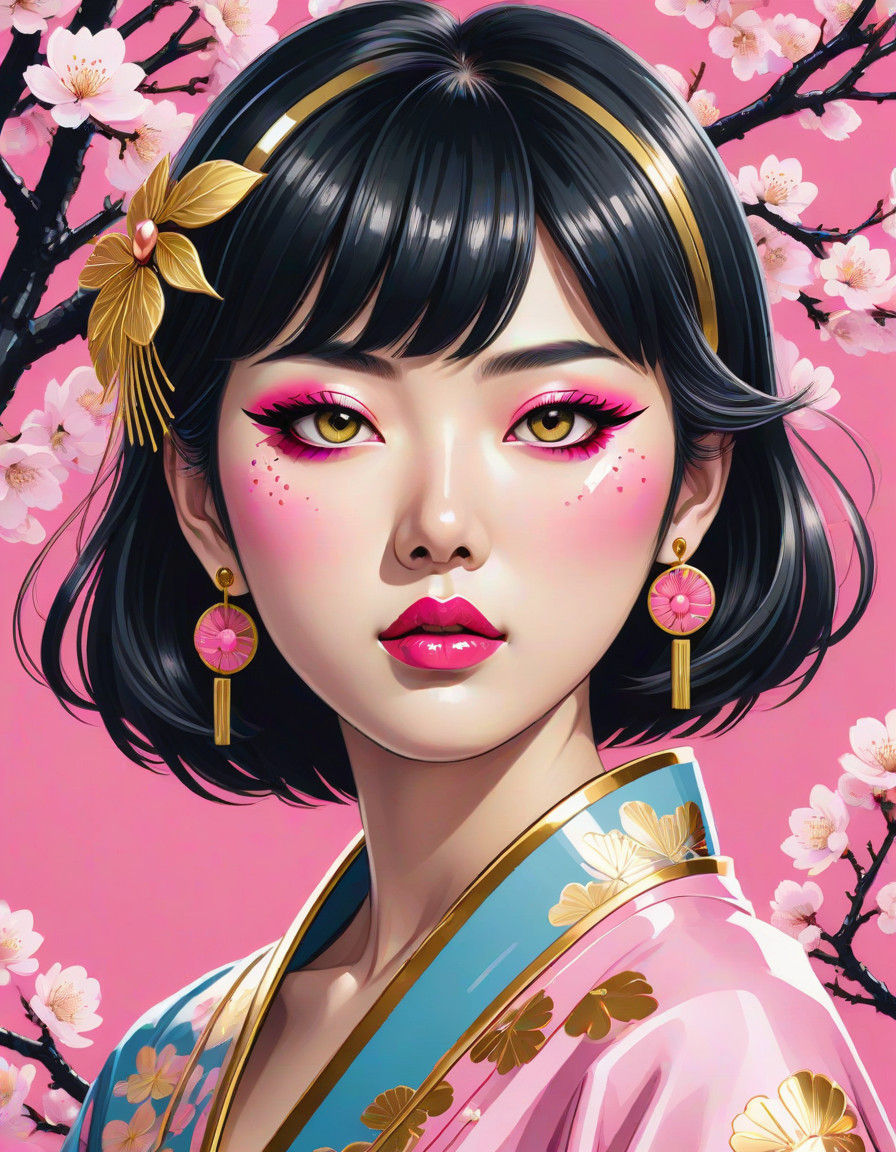 Vibrant Retro Manga-Inspired Portrait of Japanese Woman