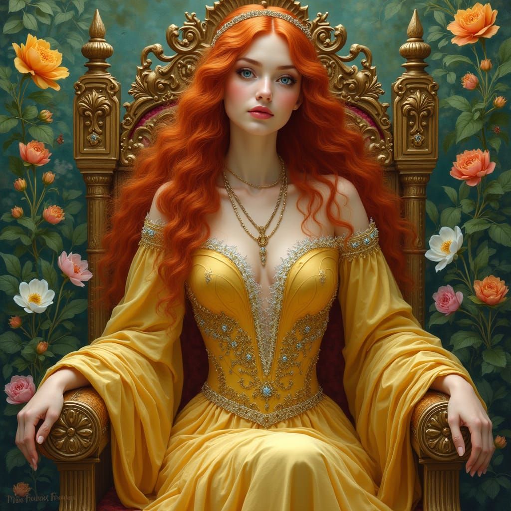 Regal Queen in Whimsical Garden Setting, in Art Nouveau Styl...