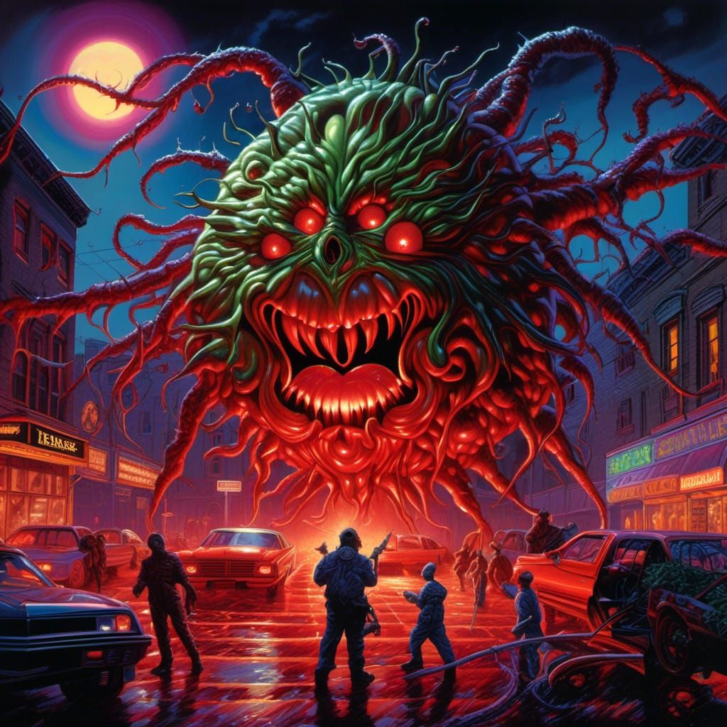 Grotesque Tomato Monster Terrorizing City in Synthwave Style