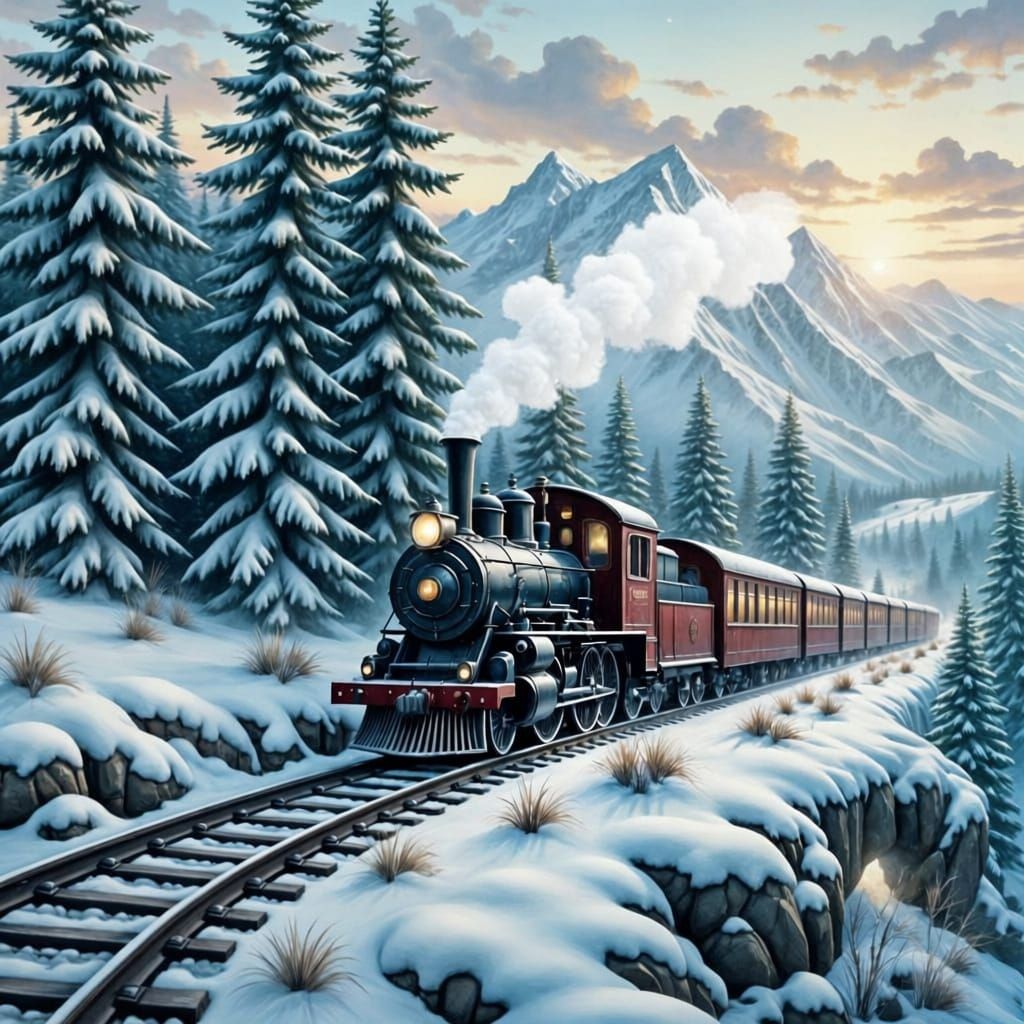 Vintage Train Ascends Snowy Peaks in Artistic Style