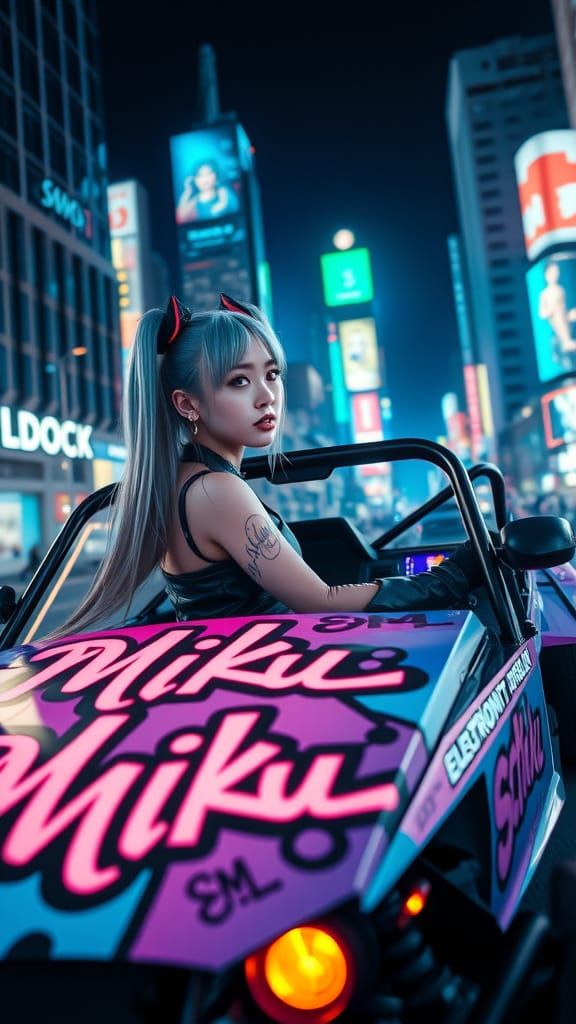 Cyberpunk Goddess Drives Dune Buggy Through Neon City
