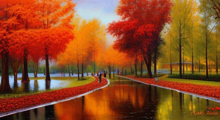 Autumn Park After Rainstorm: Oil Painting