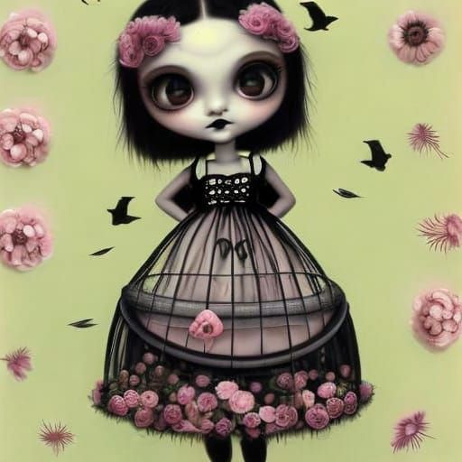 Gothic Girl in Birdcage Dress, Lowbrow Art