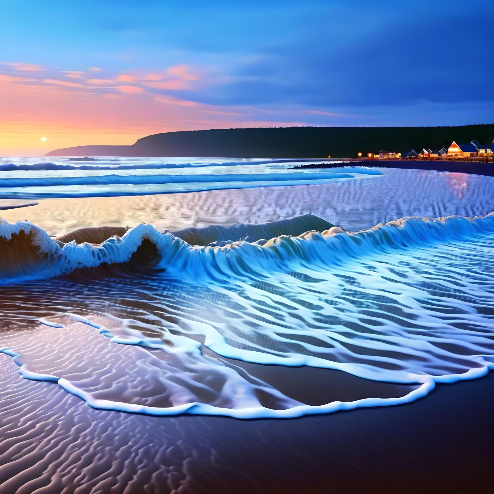 Sunset Beach Scene: Waves at Dusk