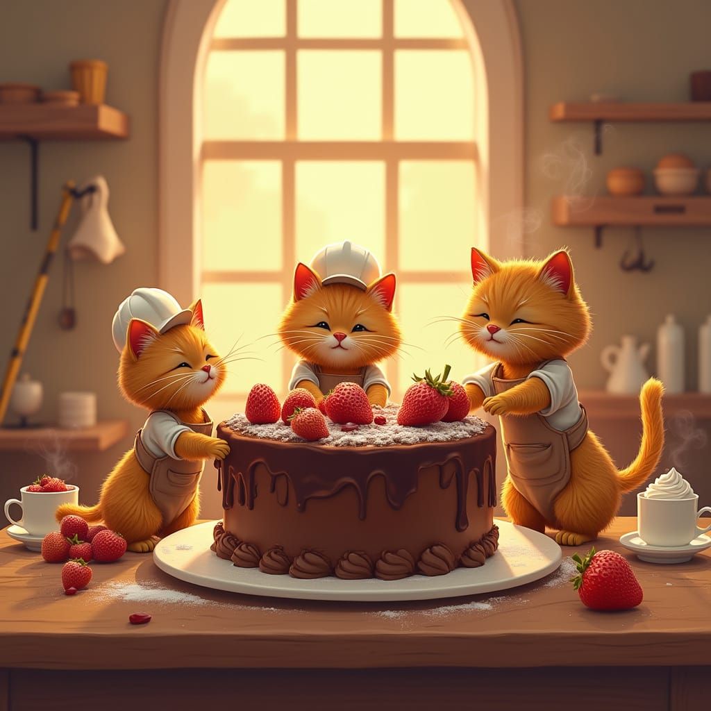 Whimsical Cartoon Cats Construct a Giant Chocolate Cake