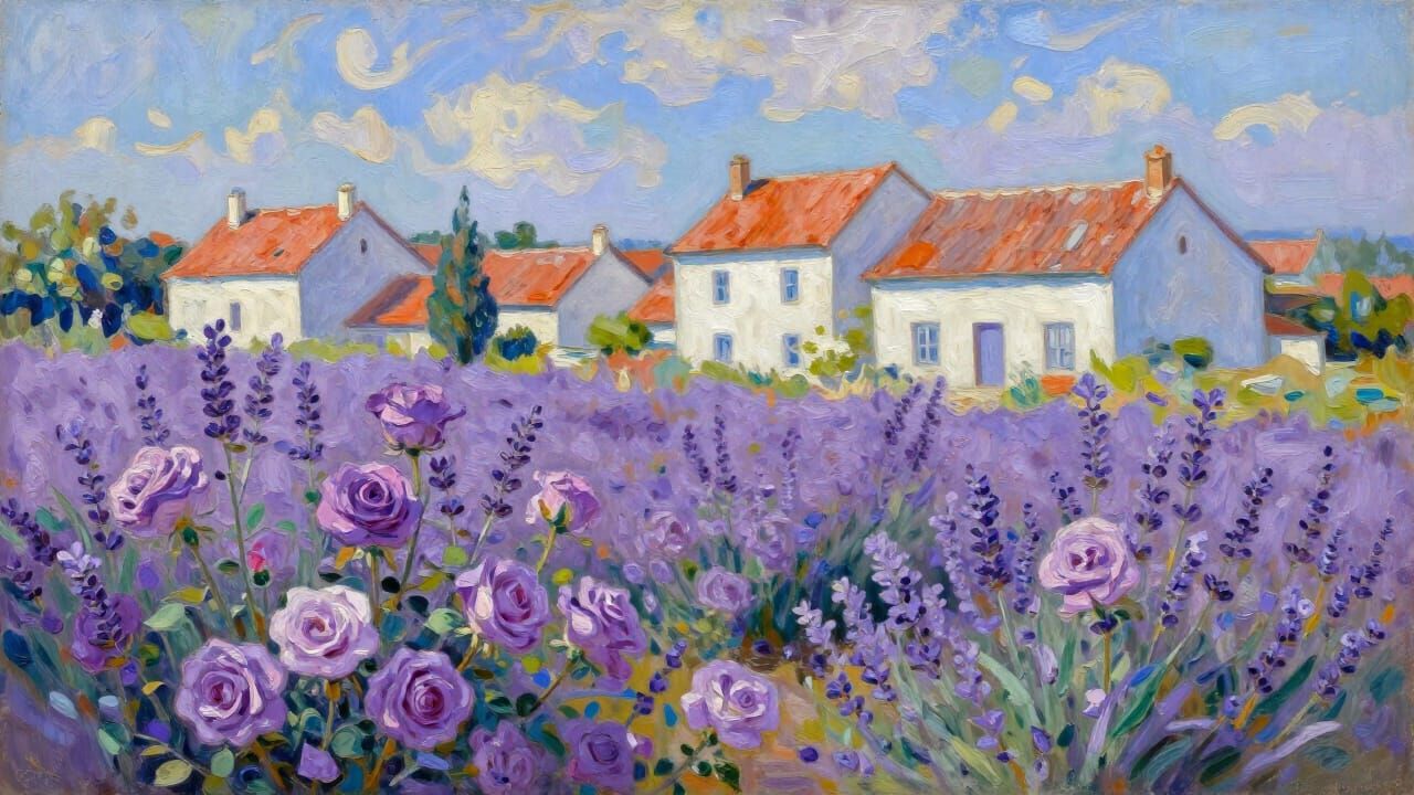 Vibrant Impressionist Village Scene with Rose Fields