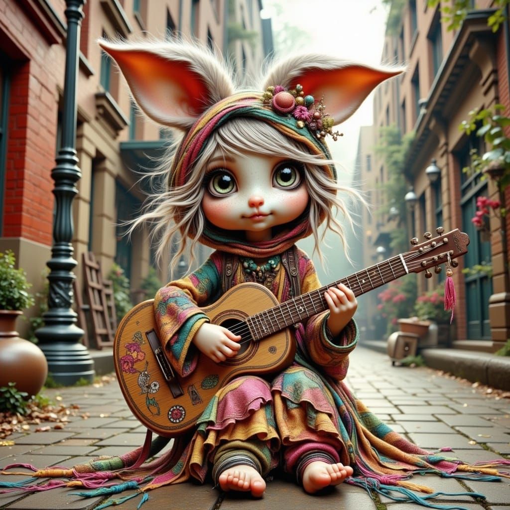 Vibrant Bohemian Bunny in Whimsical City Scene