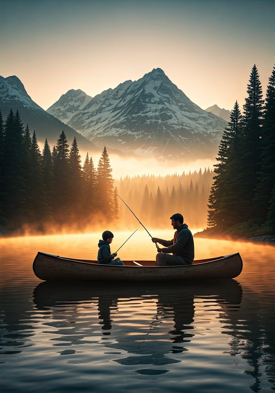 Father and Son Canoeing on Alpine Lake at Dawn