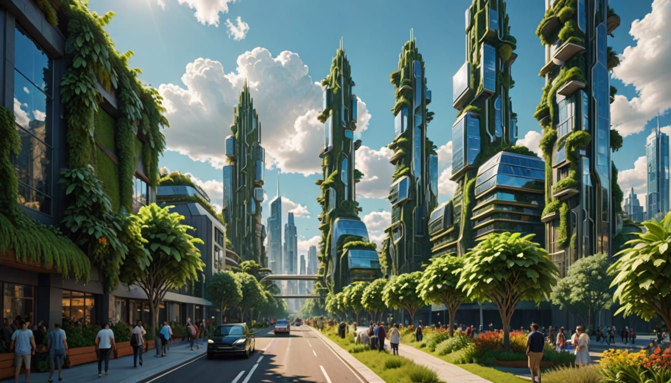 Citizens Thrive in Eco-Friendly Cityscape