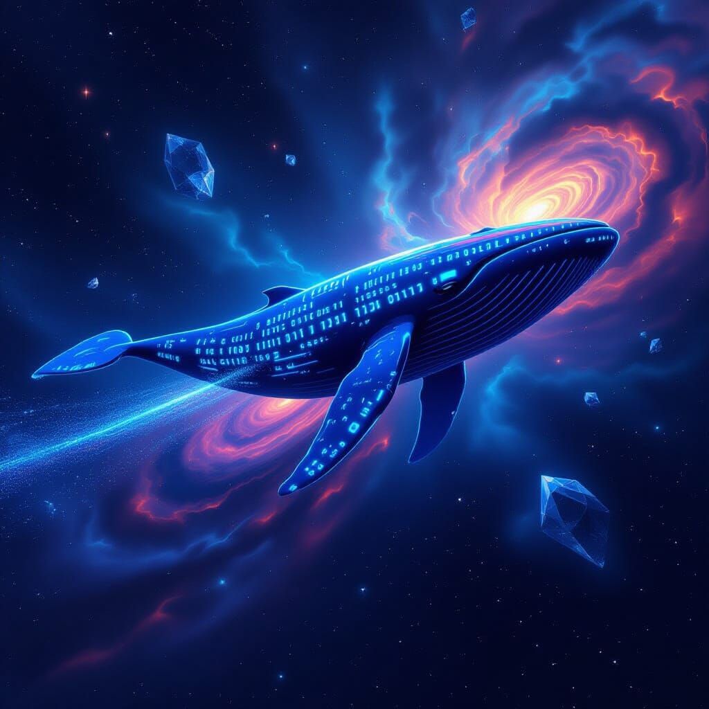 Bioluminescent Space Whale in Binary Code Nebula