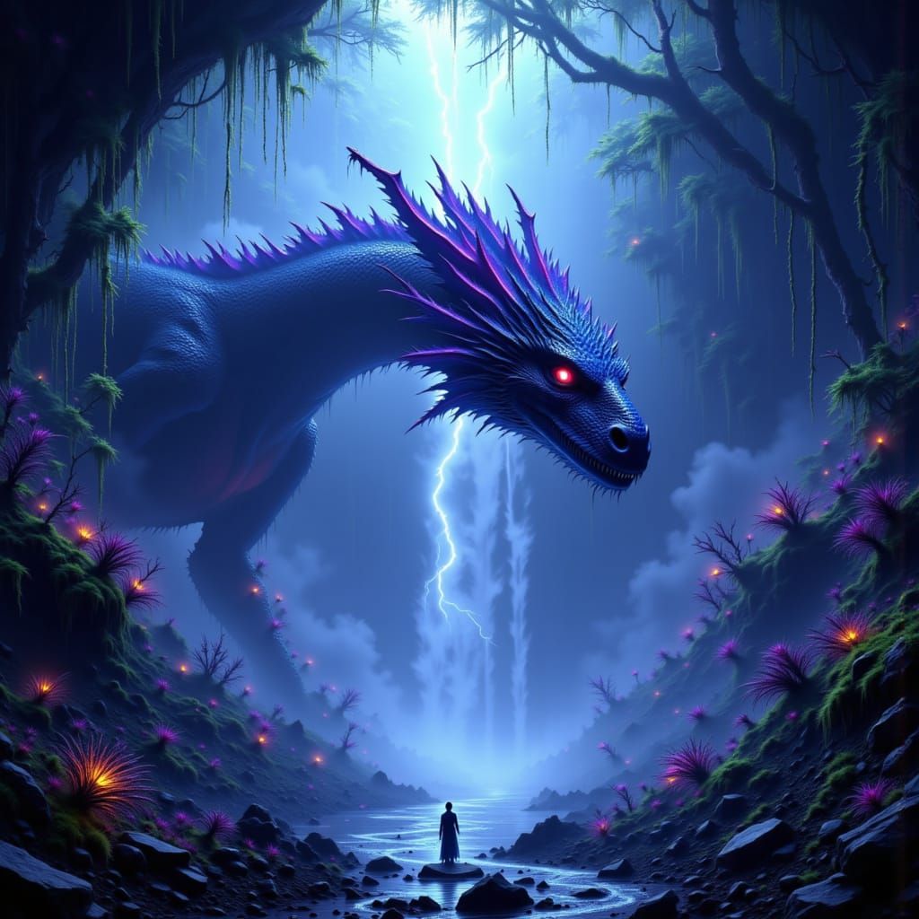 Ancient Dragon Guards Bioluminescent Waterfall in Epic Fanta...