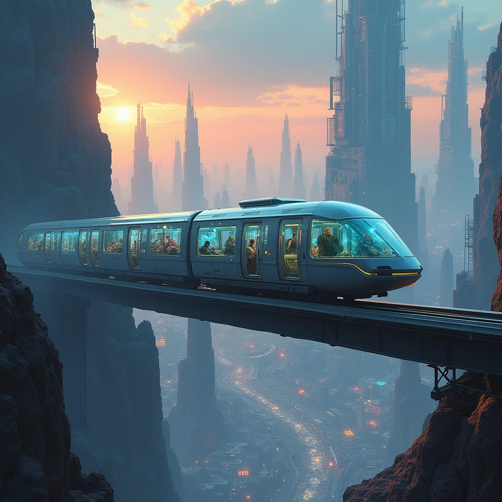 Futuristic Monorail Glides Through Lunar Metropolis