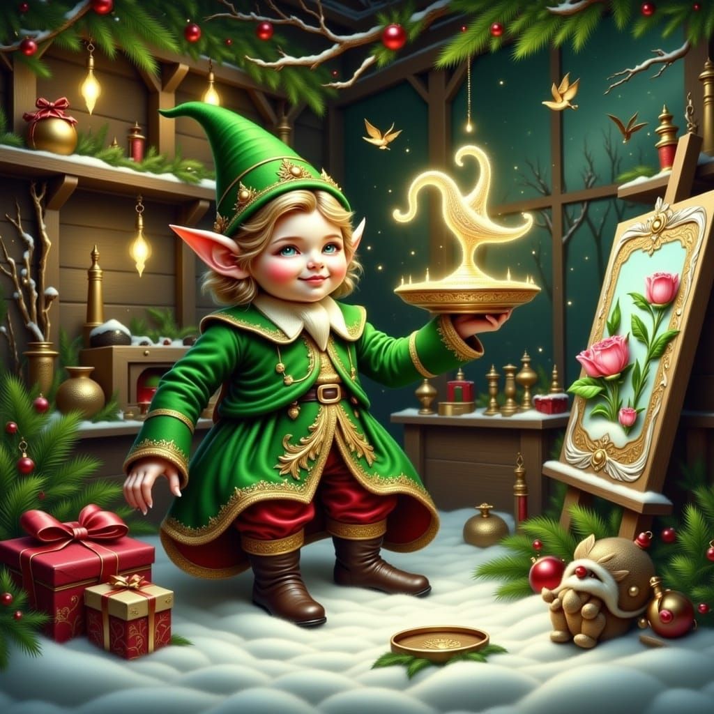 Whimsical Christmas Elf Paints Delicate Spinning Top in Cozy...