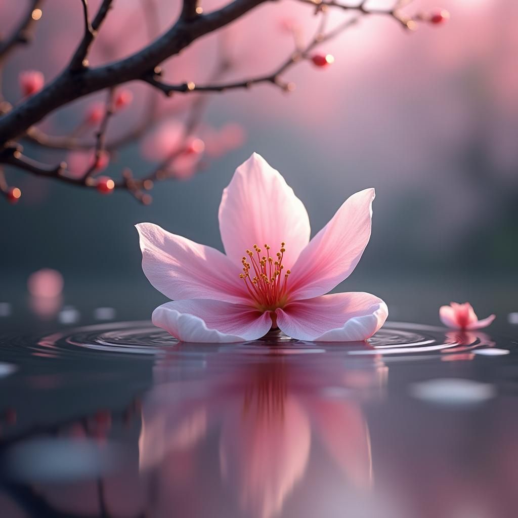 Cherry Blossom Petal Reflection: Hyperrealistic Digital Art