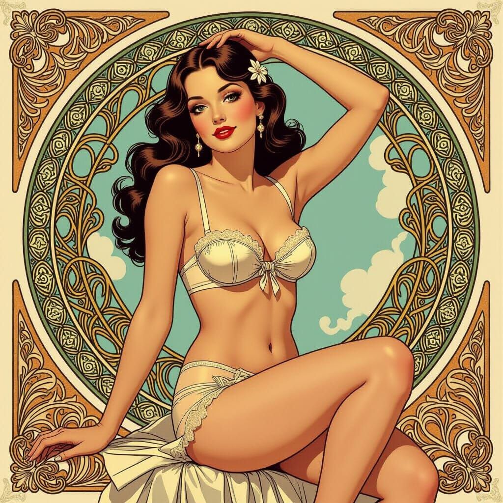 Elegant Woman in Underwear Art Nouveau Style