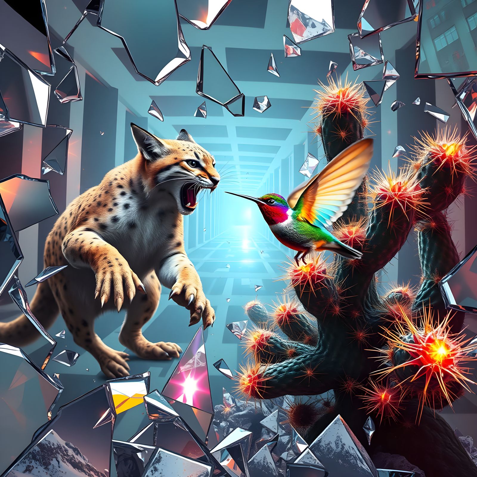 Fractured Reflections and Whimsical Chase in Cyberpunk Color