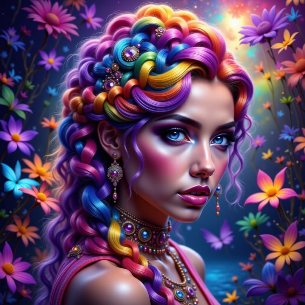 Lilith's Rainbow Braids in Surreal Dreamscape