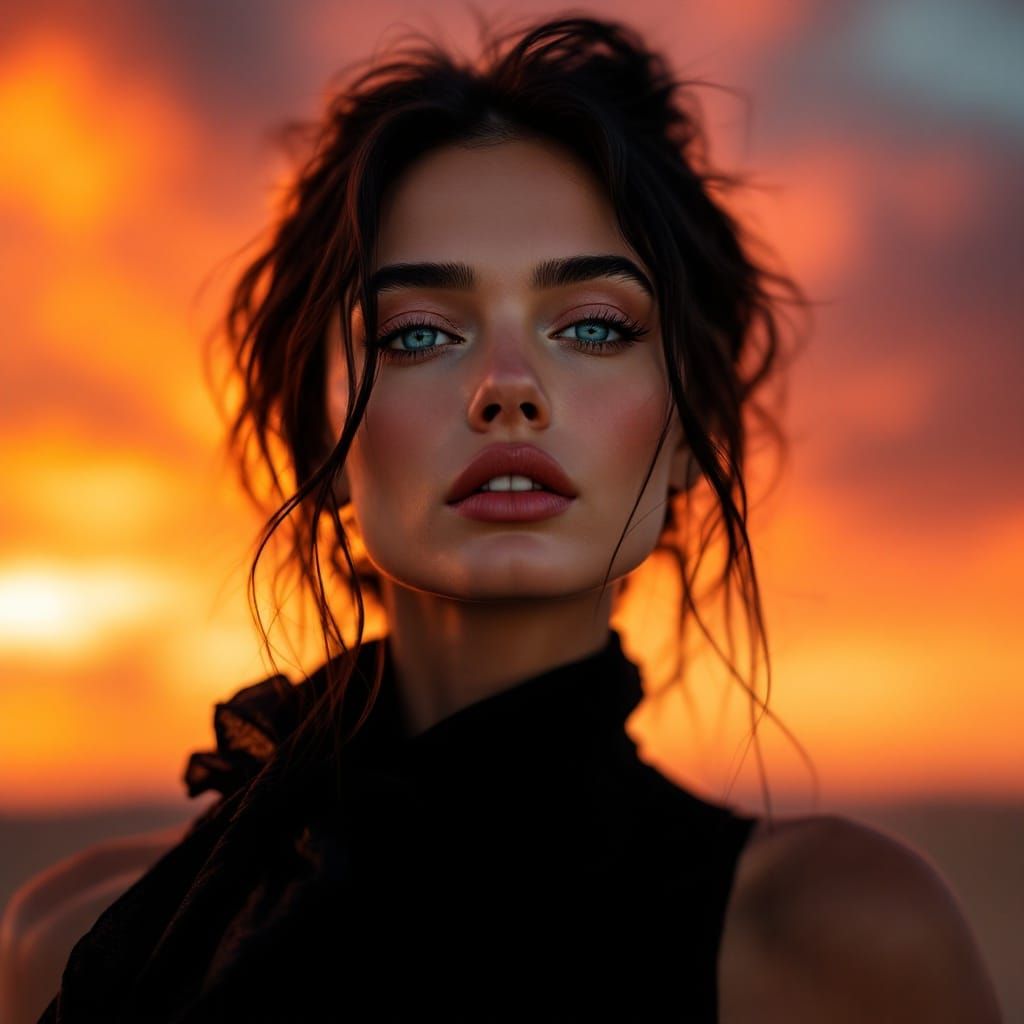 Vogue Model Captivates with Bright Blue Eyes Amidst Warm Sun...