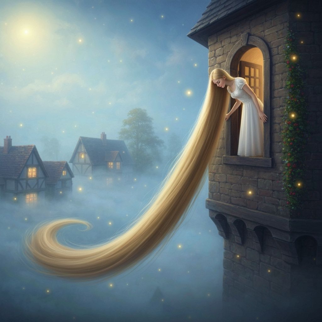 Ethereal Fantasy Painting of Long-Haired Woman in Tower