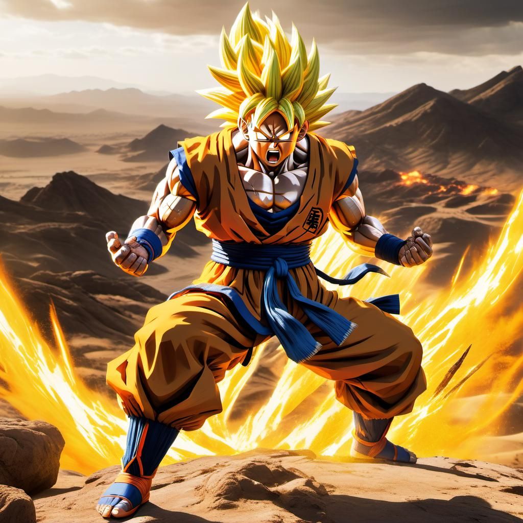 Goku-like Character Charging Energy in Desert War Zone