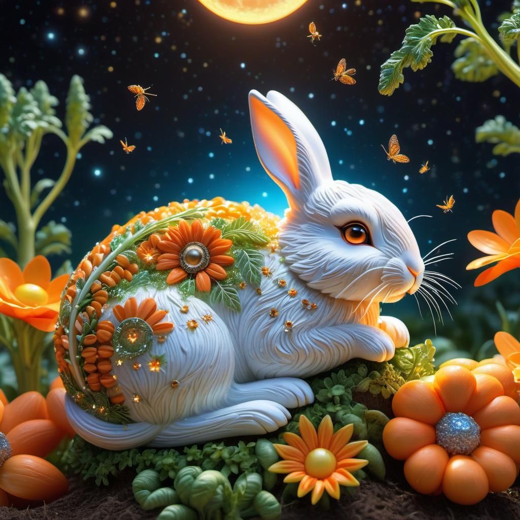 Adorable Bioluminescent Bunny Asleep on Carrot Moon