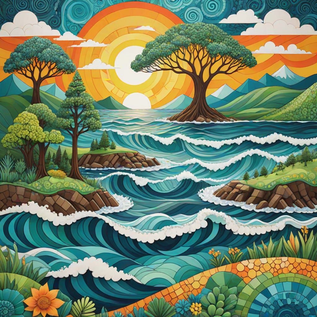 Vibrant Geometric Landscape with Yellow Orange Sky and Radia...