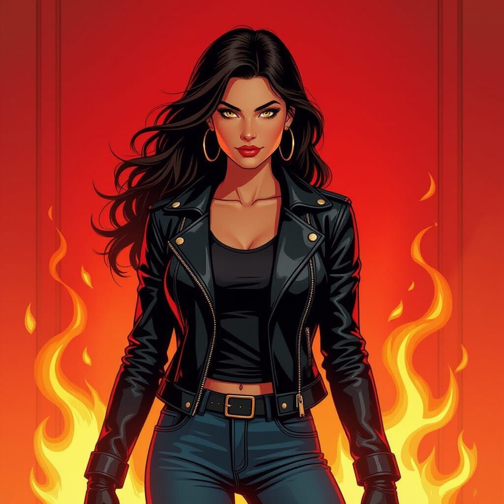 Fiery Heroine in Red Room: Comic Book Art