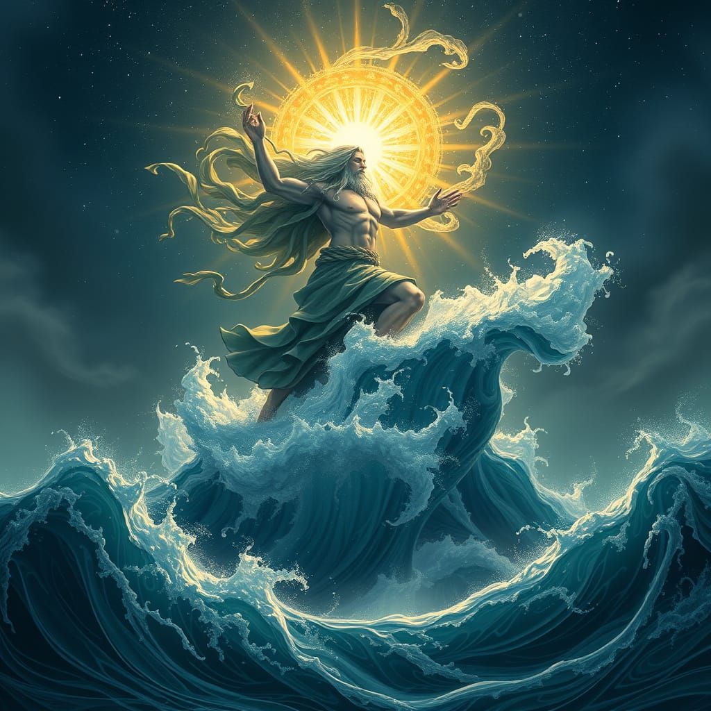 "from the crest of the wave the mighty Poseidon rises up to ...