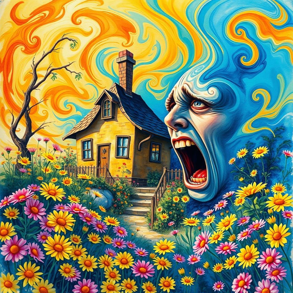 Dreamlike Watercolor Landscape with Expressive Figure