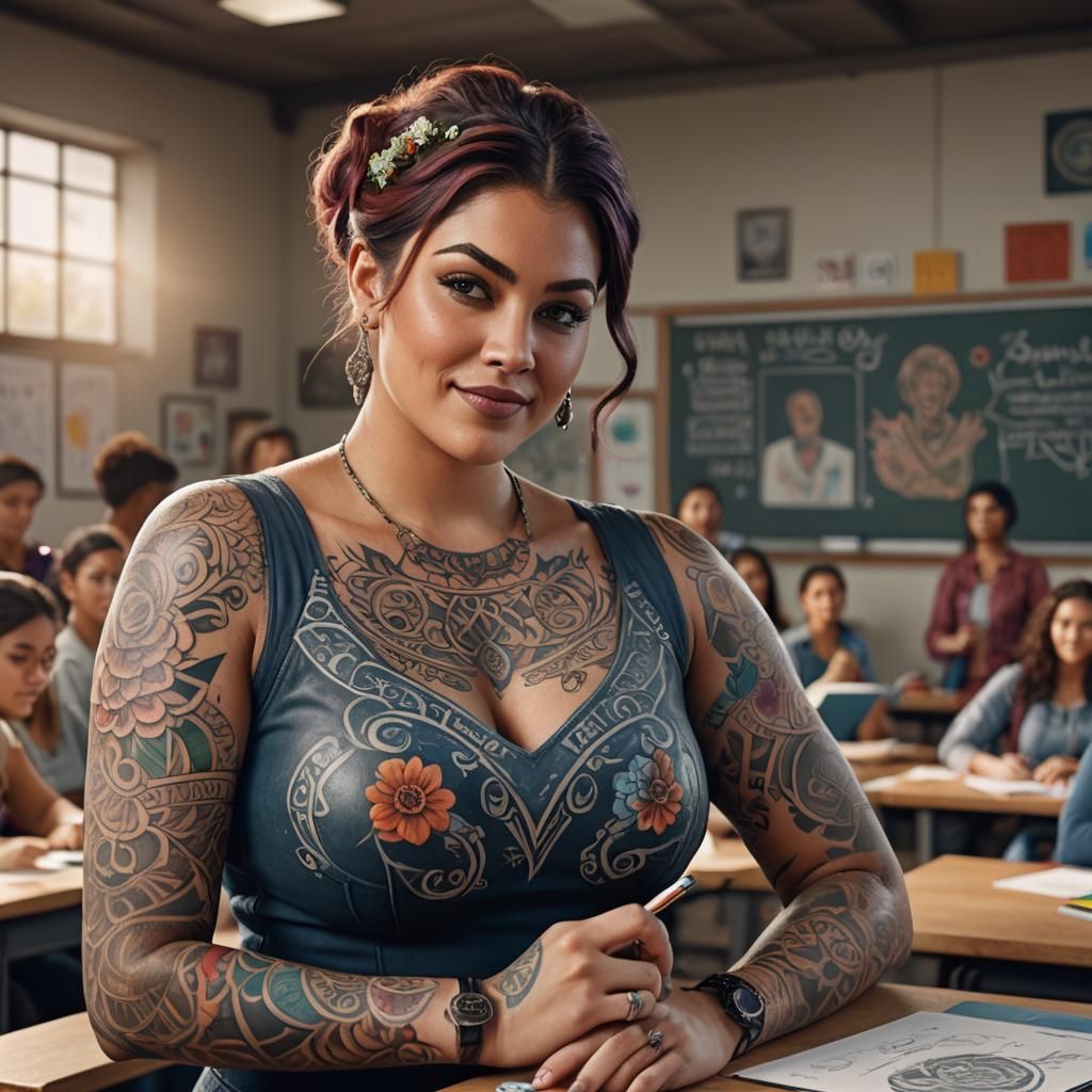 Curvy Tattooed Teacher in Fantasy Classroom