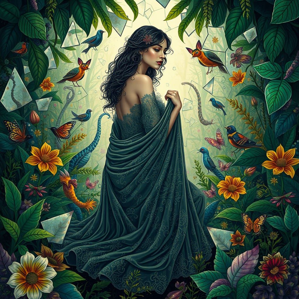 Surreal Goddess of Whimsy in Lush Fantasy Realm