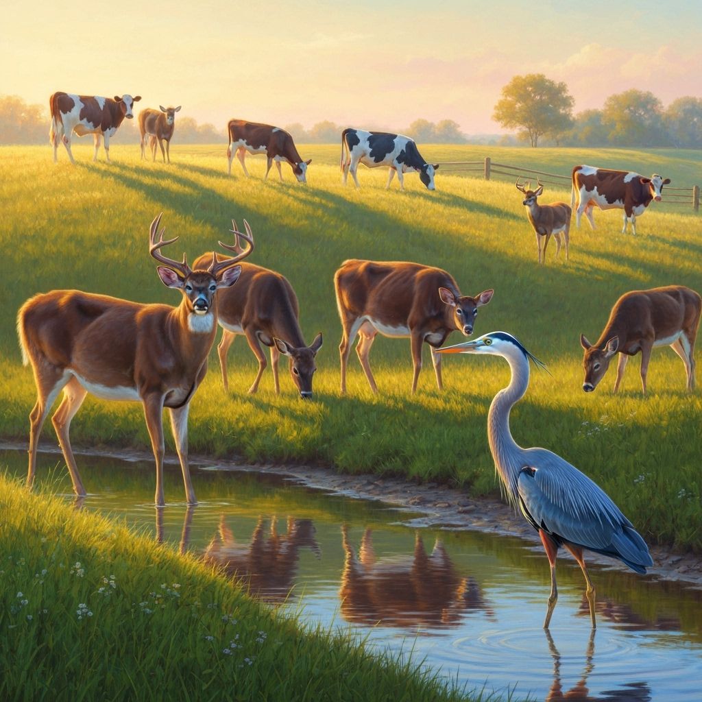 Deer and Cows Grazing on a Sunlit Wisconsin Farm