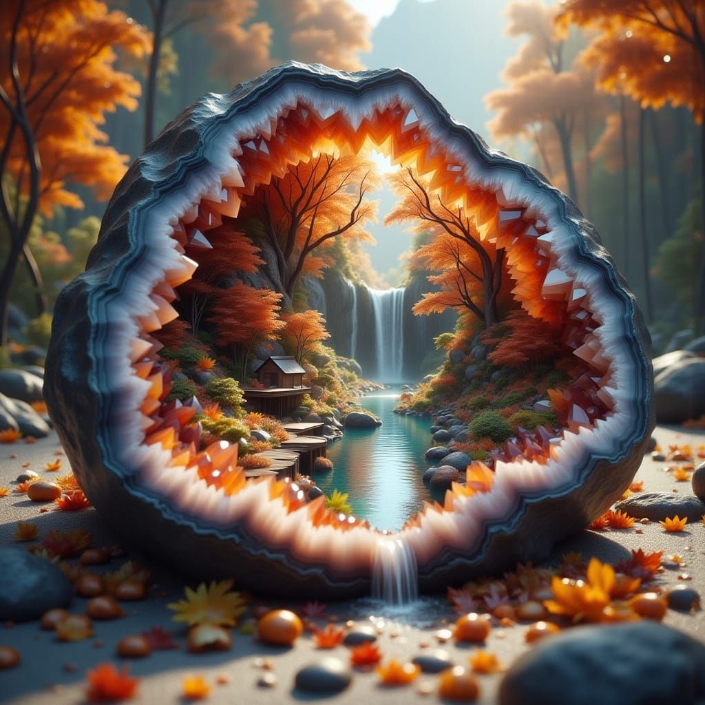 Autumn Geode Diorama with Miniature Forest and Waterfall
