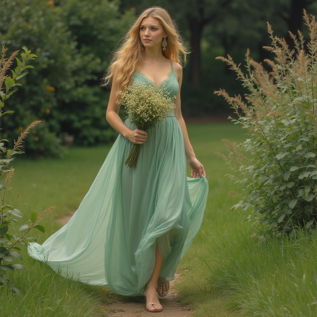 Elegant Blonde Woman in Green Dress Walking in Garden