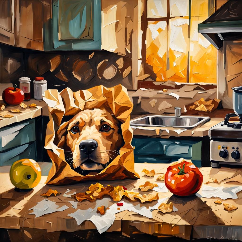 Dog Face Paper Bag Still Life as Oil Painting