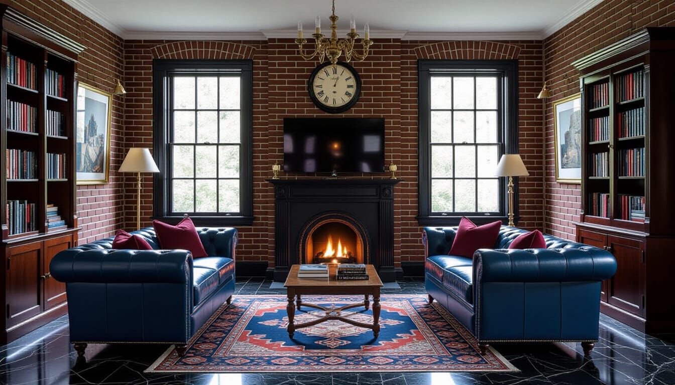 Victorian Living Room with Dark Blue and Brick Accents
