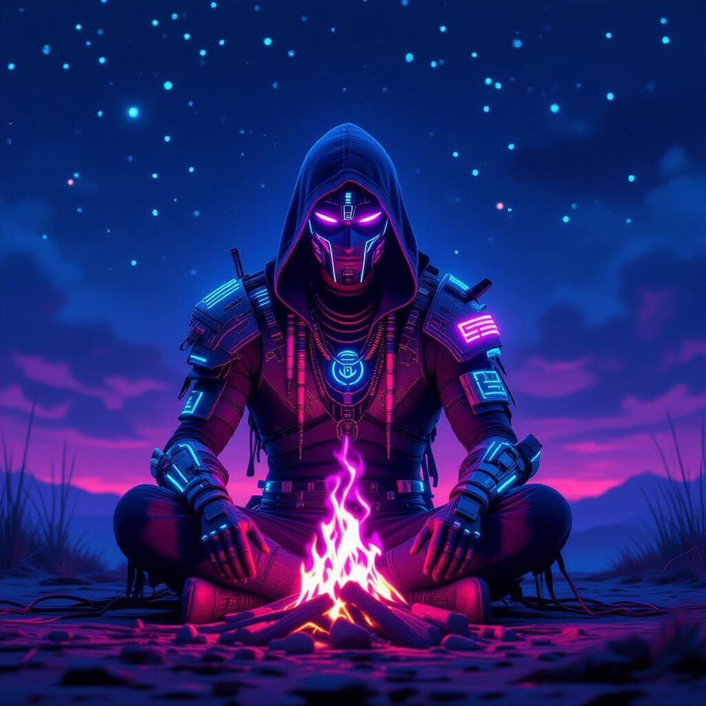 Cyberpunk Shaman at a Purple Fire