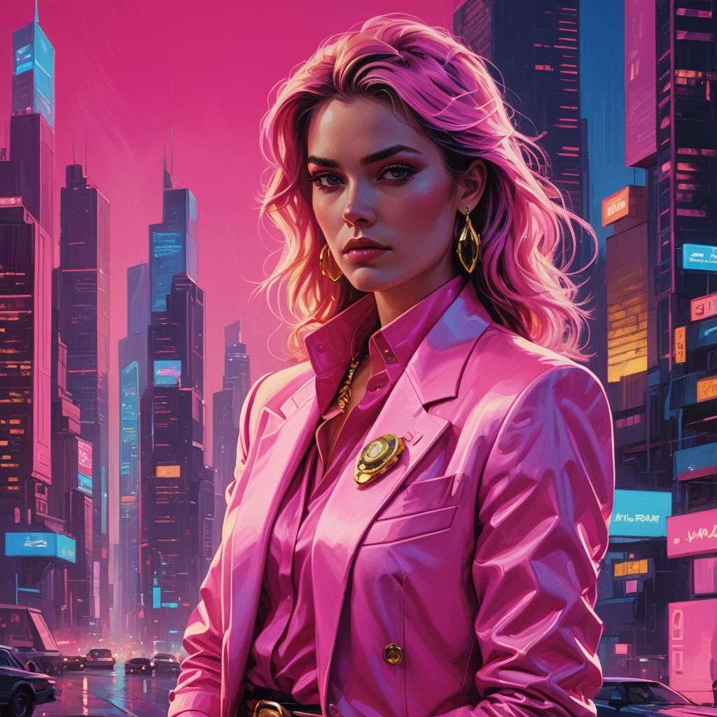 Young Mafia Lady in Neon Cityscape
