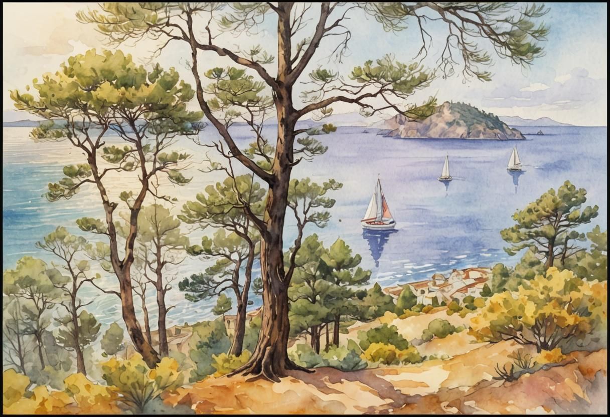 Sailing Yacht on Greek Sea in Watercolor Abstract