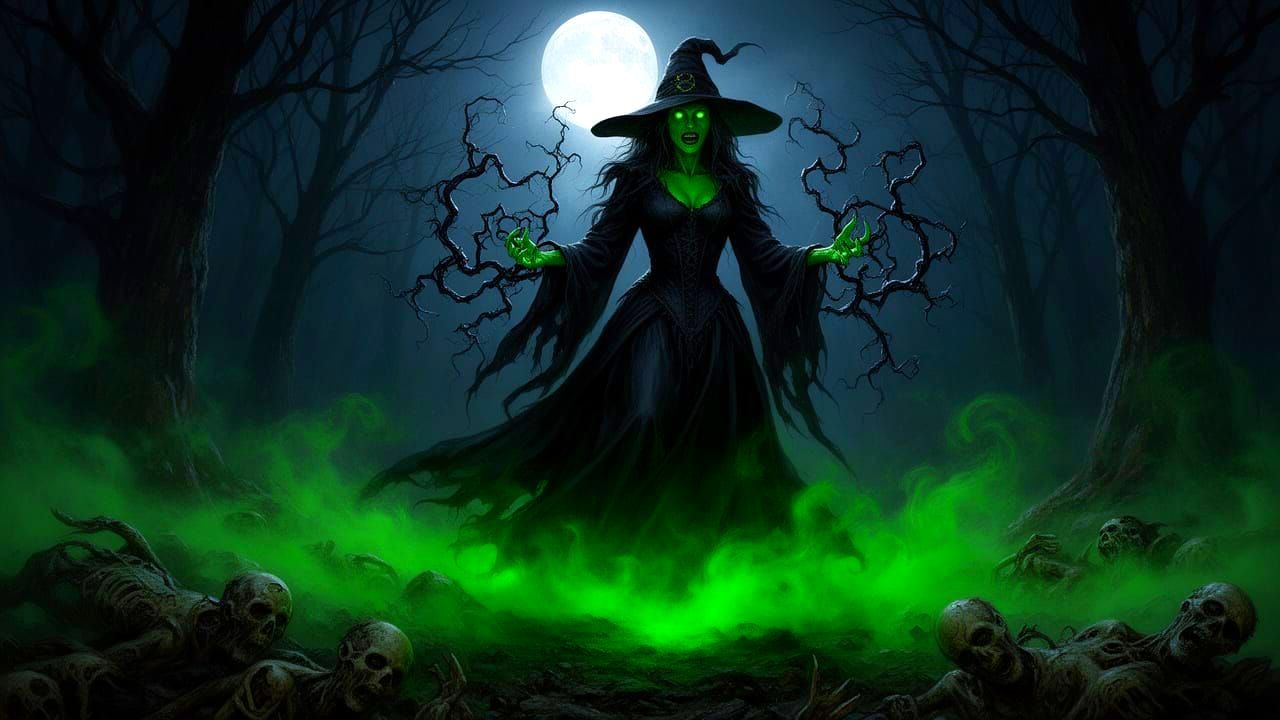 Dark Witch in Foggy Forest with Corpses, Realistic Cinematic