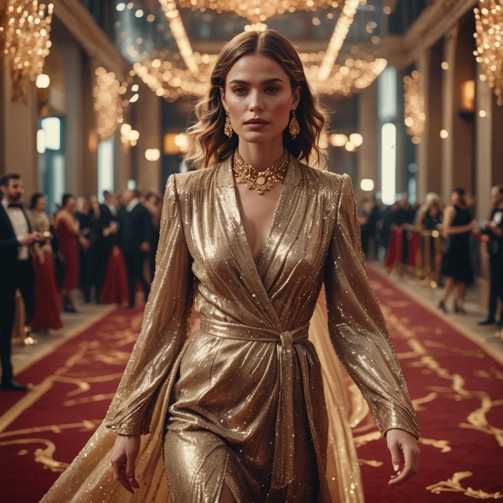 Glamorous Woman on Red Carpet in Haute Couture