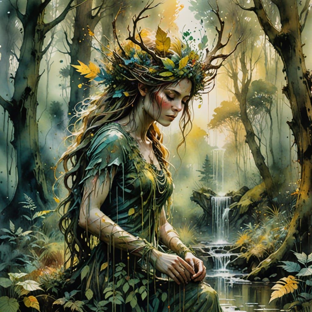 Dramatic watercolor. Medium shot. large dryad shaped fountai...