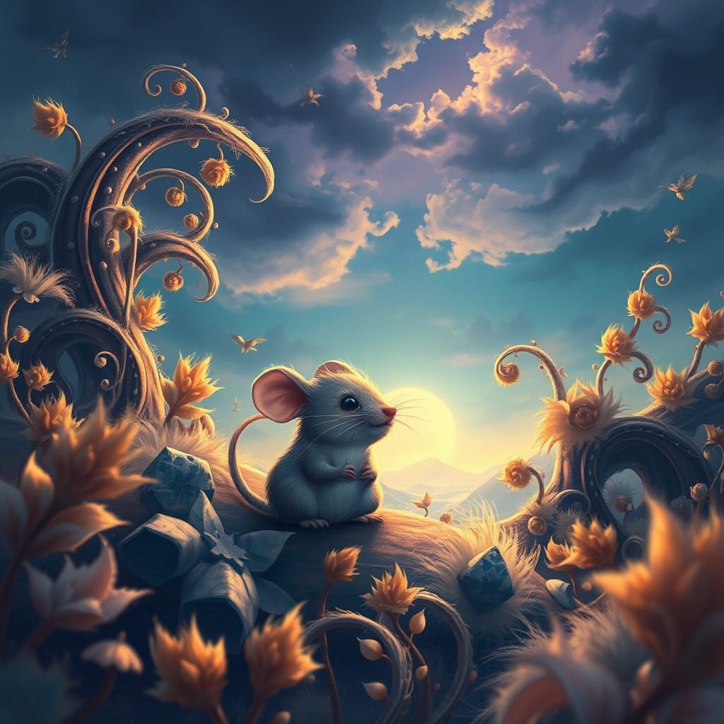 Whimsical Mouse in Dreamlike Landscape